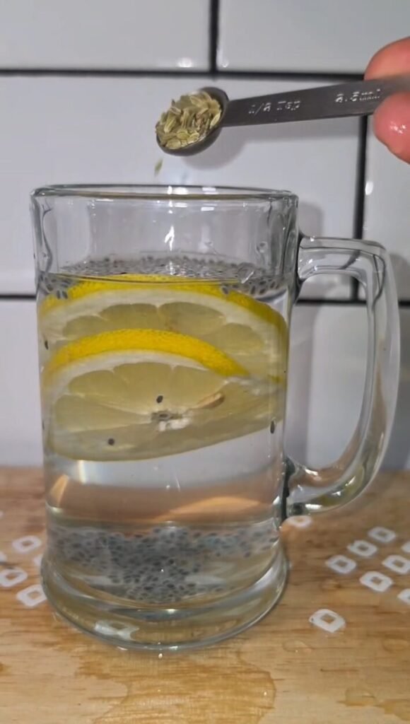 Lemon debloat water with basil seeds and fennel
